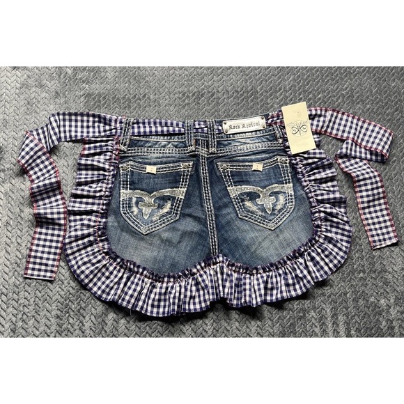 Rock Revival Jean Shorts Apron Women Custom Made Pockets‎ Ruffles Blue White - Picture 1 of 7